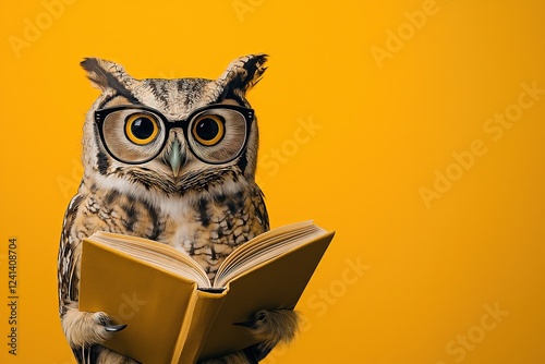 Wallpaper Mural Studious Owl with Glasses Reading a Book Against a Yellow Background - Copy Space Torontodigital.ca