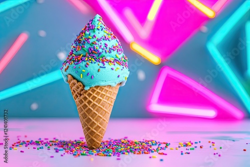 A bright and cheerful image of an ice cream cone with sprinkles, bathed in neon lights and set against a starry background, invoking a sense of whimsy and decadence photo