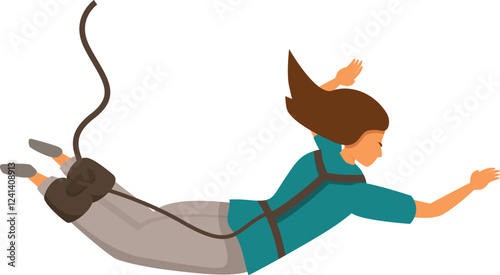 Woman wearing casual clothes bungee jumping, experiencing extreme sport and adrenaline rush