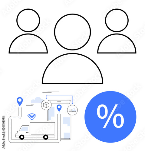 People icons, truck with route and location markers, discount symbol. Ideal for teamwork, logistics, transportation, management, routing cost efficiency supply chain. Abstract line flat metaphor