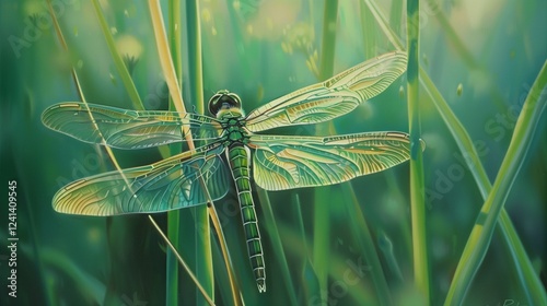 A close-up of a vibrant green dragonfly perched on a thin reed, its translucent wings glistening in the sunlight, with a blurred grassy background. --ar 169 --v 6.0 - 