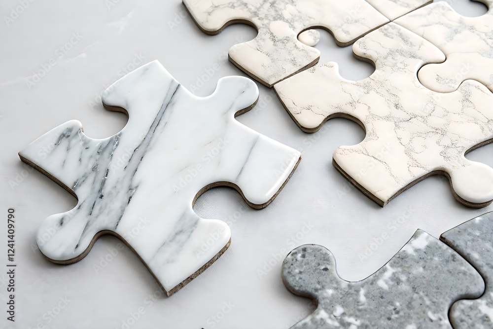Fototapeta premium Marble puzzle pieces arranged on a light surface showcasing elegant designs and textures in a creative layout