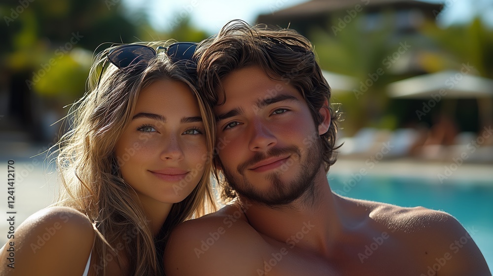 Couple enjoys a relaxing moment together by the poolside in a luxurious resort setting under a bright sunny sky Couple enjoys a relaxing moment together by the poolside in a luxurious resort setting under a bright sunny sky