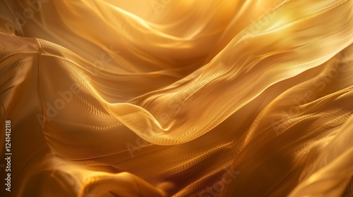 A close-up of a wavy silk fabric draped over a surface, with soft light shining through the fabric, creating smooth, flowing patterns and shadows. --ar 169 --v 6.0 -