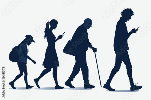 Set of Vector Illustrations of Walking Man Silhouettes - Side View, Set of business people silhouette, man and woman team, isolated on white background