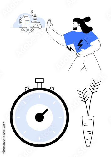 Woman rejecting dairy foods stopwatch, carrot. Ideal for fitness, health, nutrition, diet, time management, self-control Line metaphor