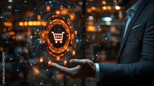 Shopping Cart Icon on Sales Surge Display A businessman in formal attire gestures toward a virtual graph of upward sales figures with a glowing cart icon. photo