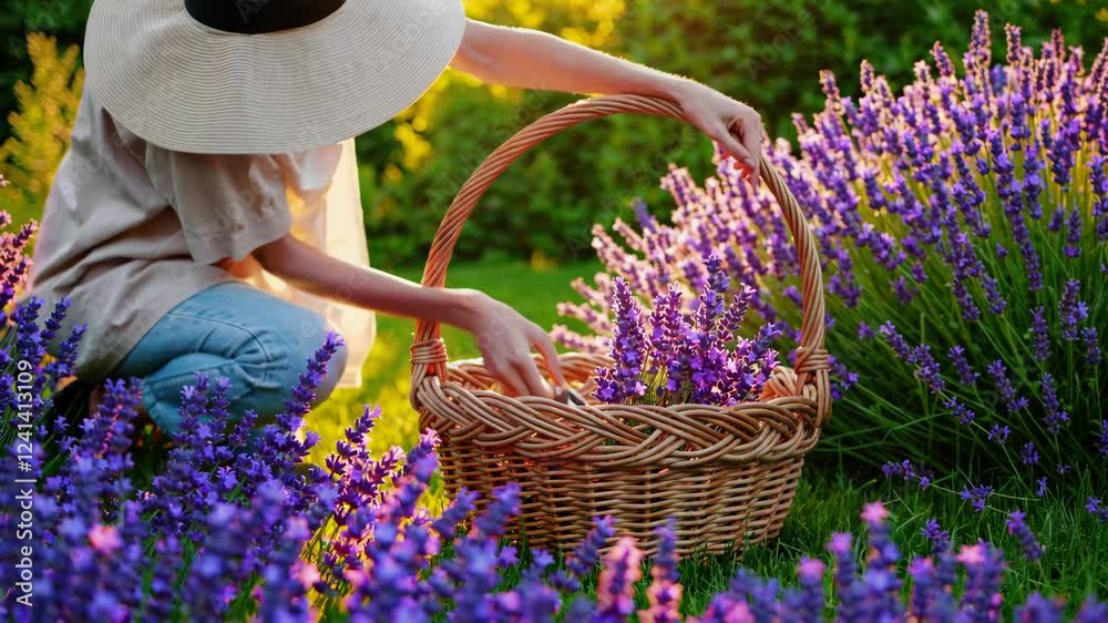 person harvesting fresh lavender stems in a fragrant garden