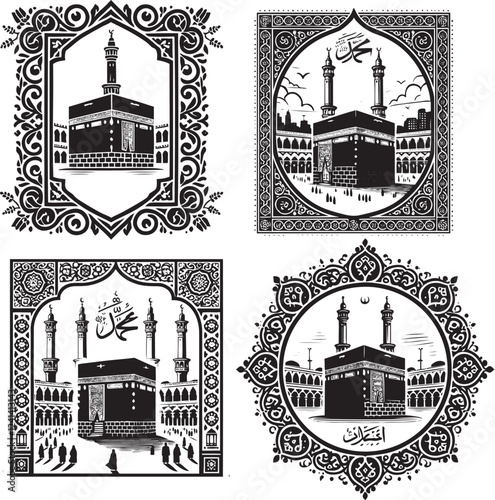 Elegant Kaaba Silhouette with Decorative Frame - Islamic Vector Illustration