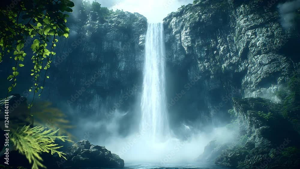 Tall waterfall cascading in lush canyon surrounded by mist and vibrant greenery. Seamless looping time-lapse animation video background  
Tall waterfall cascading in lush canyon surrounded by mist an
