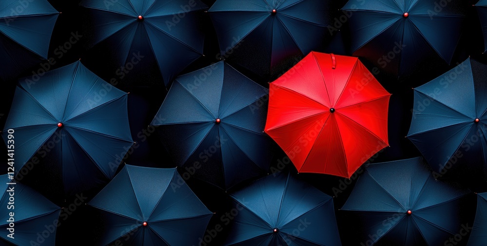 Many black umbrellas with a single red umbrella on a rainy day from a top view perspective Many black umbrellas with a single red umbrella on a rainy day from a top view perspective