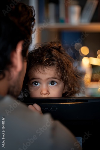 A child watching intently as their parents work on the computer, peeking over their shoulder to see the tasks they are focused on. Selective focus. photo