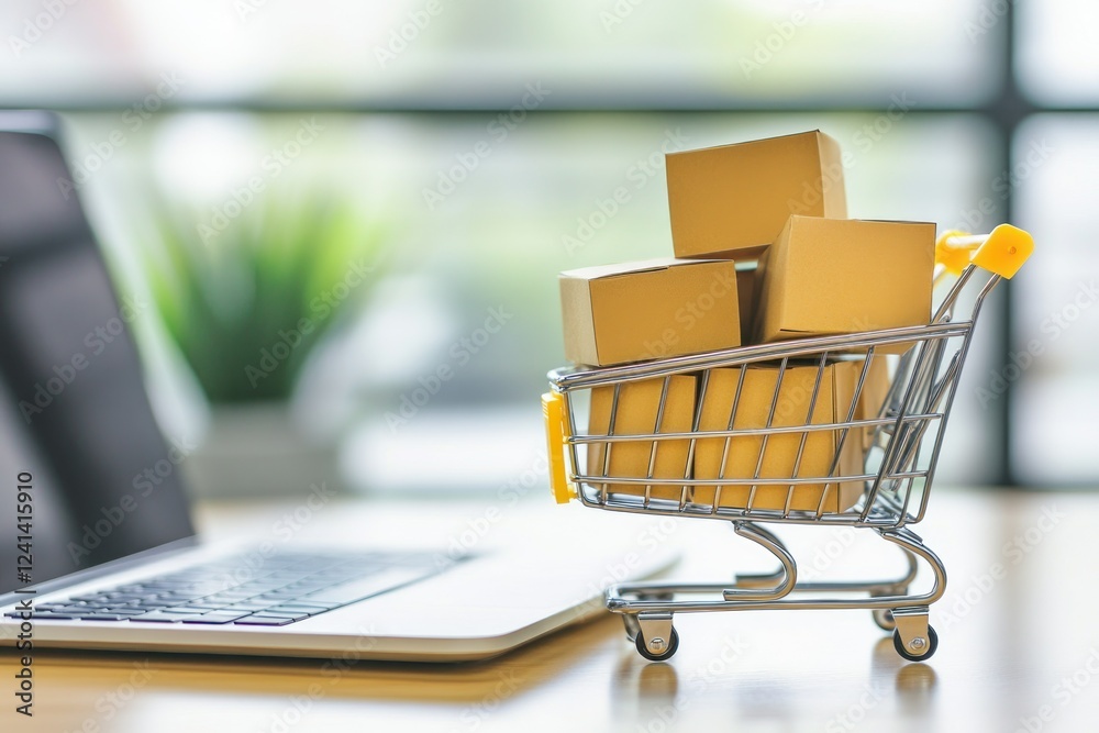 Shopping Cart with Boxes Next to Laptop in Modern Workspace Setting for E-commerce Concepts Shopping Cart with Boxes Next to Laptop in Modern Workspace Setting for E-commerce Concepts