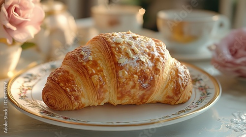 Golden morning croissant with delicate floral porcelain on elegant breakfast table photo