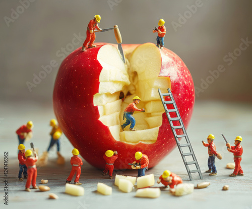 Miniature construction workers carving an apple with tools and equipment in a creative food art scene