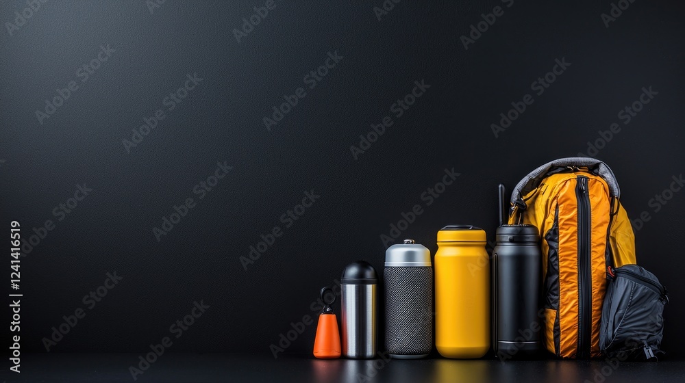 Fototapeta premium Hiking gear on dark background, ample copy space