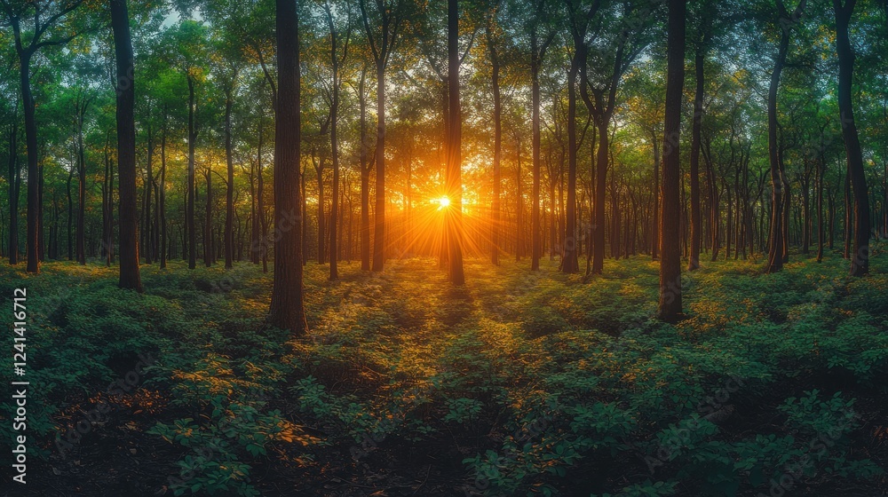 Naklejka premium Sunlight Streaming Through Dense Green Forest at Sunrise