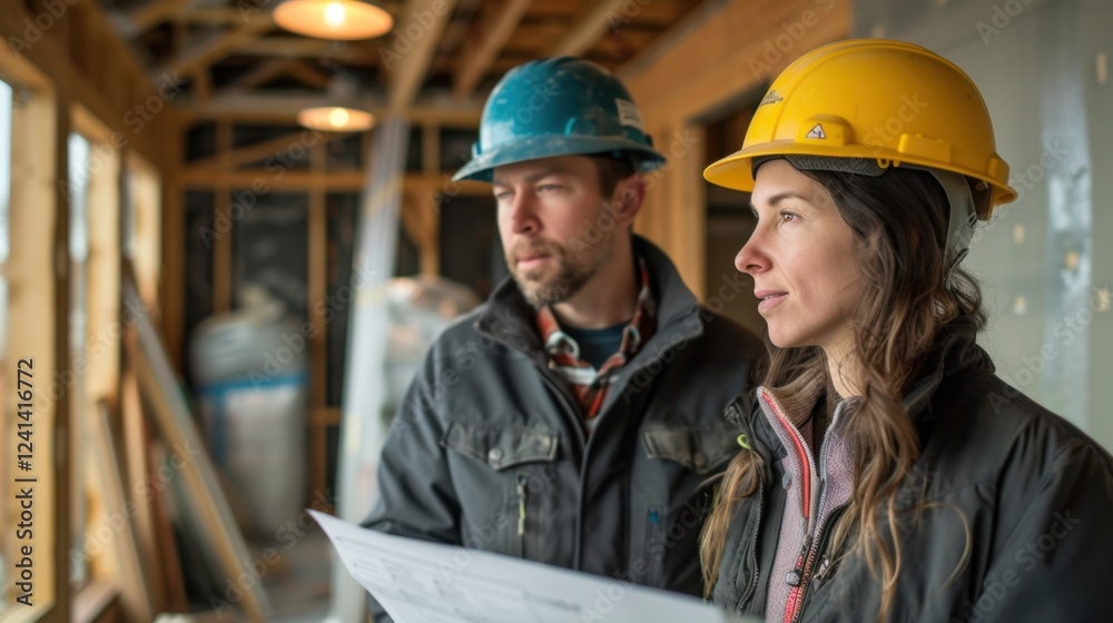 Client and engineer discussing ventilation systems in a room under construction Client and engineer discussing ventilation systems in a room under construction