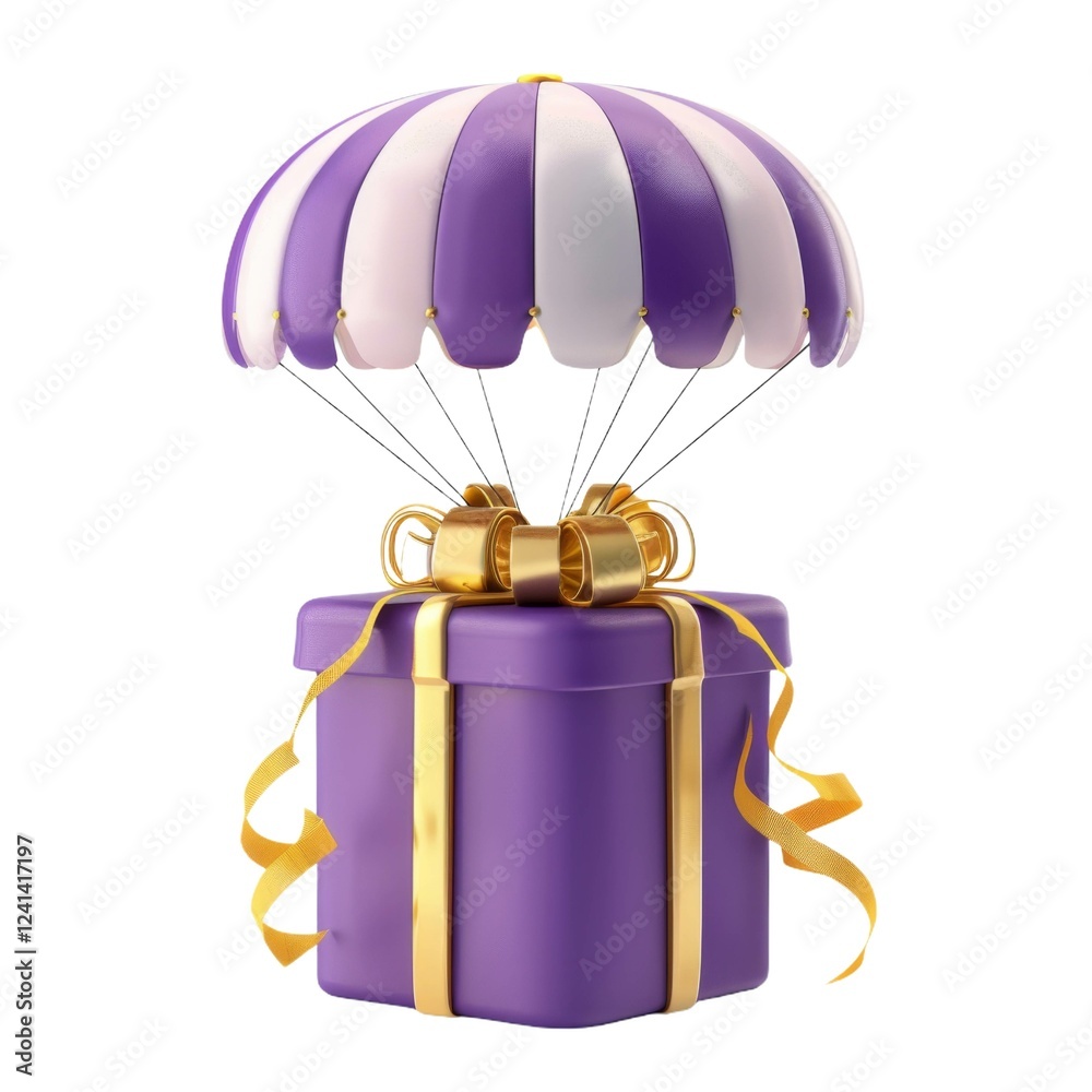 Purple gift box with golden ribbon and parachute for special deliveries and celebrations Purple gift box with golden ribbon and parachute for special deliveries and celebrations