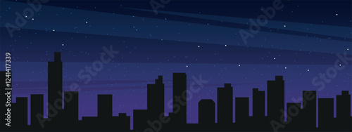 A vibrant city skyline during nighttime, showcasing tall buildings silhouetted against a deep purple sky filled with twinkling stars. 