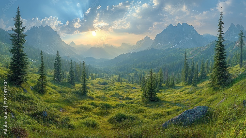 Obraz premium Panoramic Photograph of Lush Mountain Landscape at Sunrise