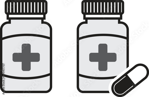 Medication pill bottle line icon. Isolated on vector pharmaceutical symbol