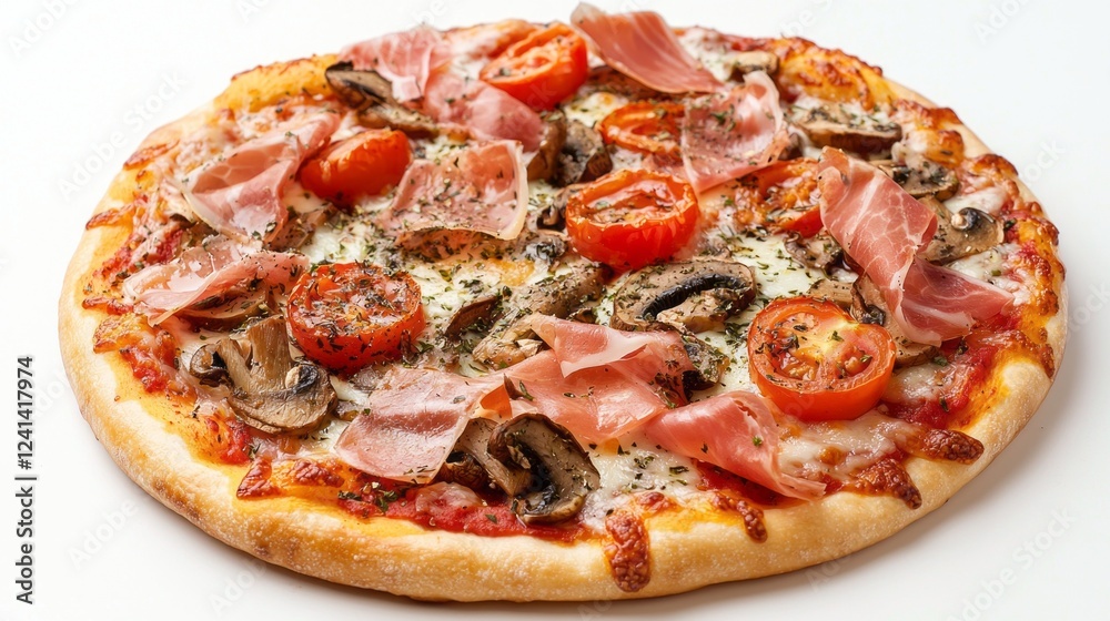 A mouthwatering pizza rests on a clean surface, showcasing an array of vibrant toppings. Juicy cherry tomatoes, earthy mushrooms, and thinly sliced prosciutto create a high culinary delight A mouthwatering pizza rests on a clean surface, showcasing an array of vibrant toppings. Juicy cherry tomatoes, earthy mushrooms, and thinly sliced prosciutto create a high culinary delight
