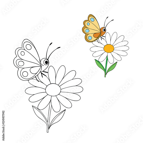 A beautiful butterfly rests on a daisy flower in this coloring page, featuring delicate wings and detailed petals, perfect for a relaxing and creative coloring experience.