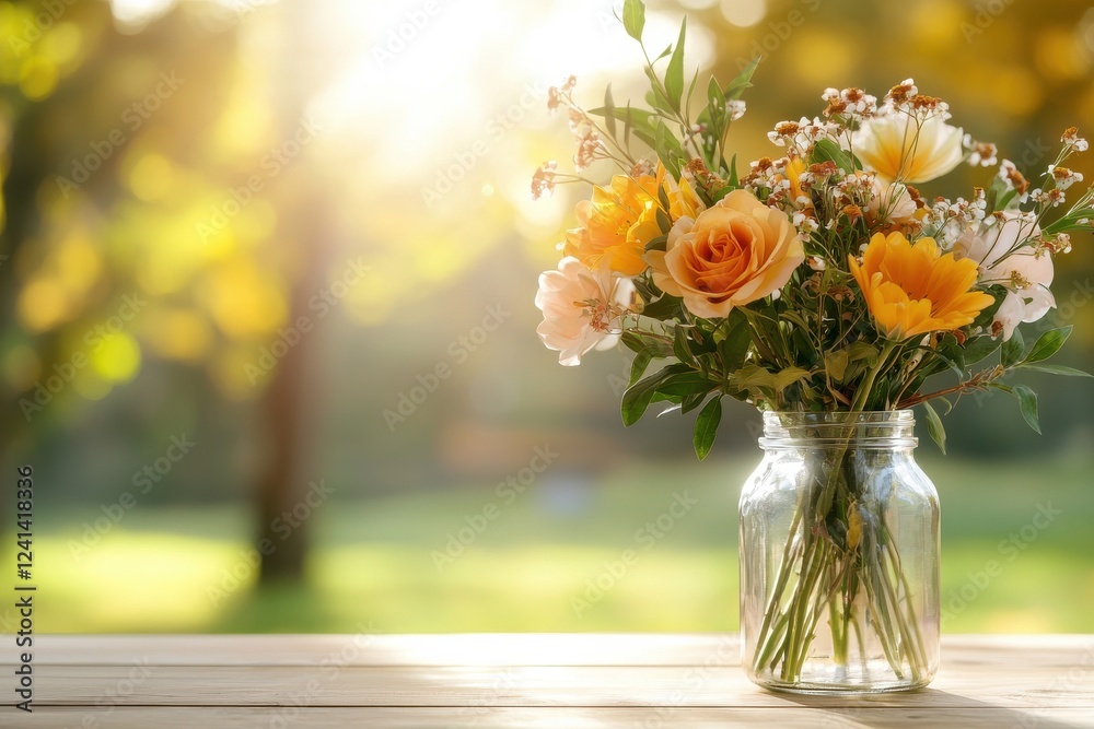 Fototapeta premium Seasonal floral arrangement in a vase on wooden table soft daylight eye level view nature and serenity