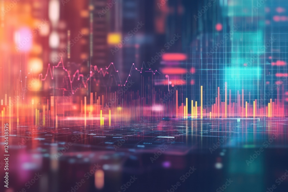 Fototapeta premium Abstract Visualization of Financial Data with Colorful Graphs and Bright Light Effects in Background