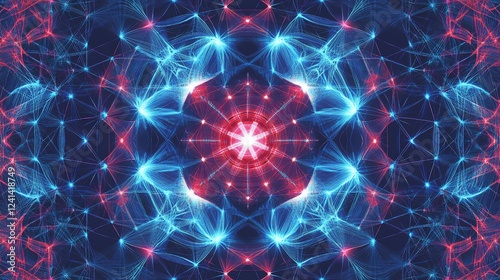 Abstract fractal kaleidoscope with glowing red and blue patterns.