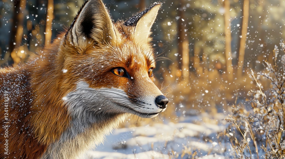 Fototapeta premium Vibrant red fox in snowy forest at dawn with golden light filtering through trees