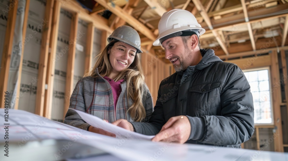 Client and engineer discussing ventilation systems in a room under construction Client and engineer discussing ventilation systems in a room under construction