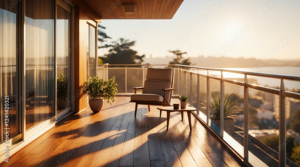 Fototapeta premium Midcentury modern design of Balcony in the morning, cinematic photography