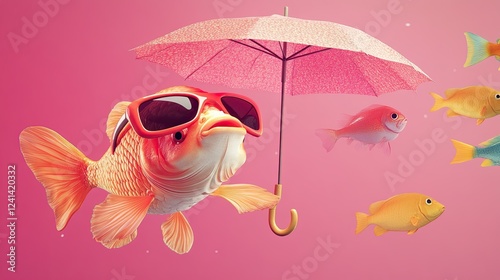 Fish in vivid colors, wearing glasses and holding umbrellas. A quirky and unique conceptual art piece against a pink backdrop photo