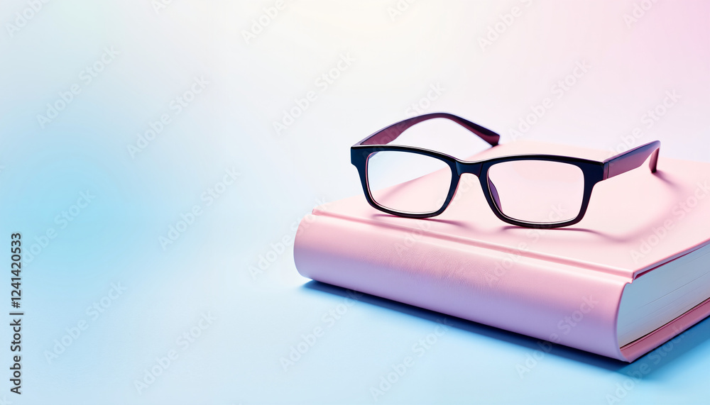 Stylish black eyeglasses resting on a soft pink book against a pastel blue background, symbolizing knowledge and sophistication Stylish black eyeglasses resting on a soft pink book against a pastel blue background, symbolizing knowledge and sophistication