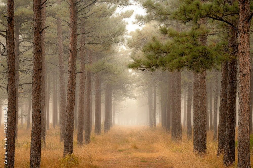 Obraz premium Serene Misty Forest Pathway Surrounded by Tall Pine Trees in a Foggy Atmosphere