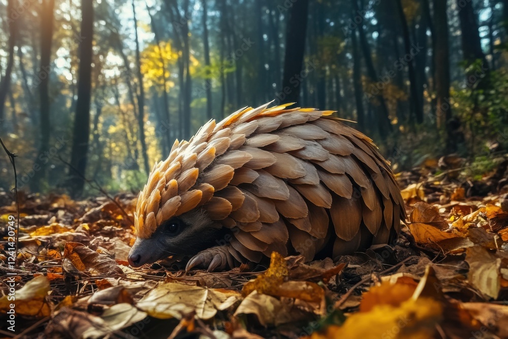 Obraz premium Pangolin curled up on dark forest floor among fallen leaves in a serene setting