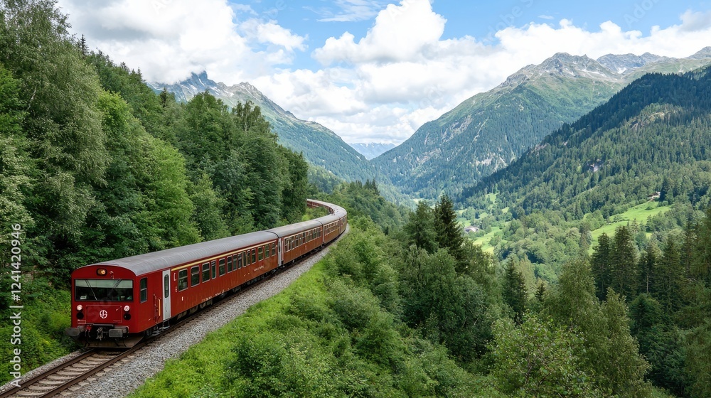 Scenic train journey through mountain valley Scenic train journey through mountain valley
