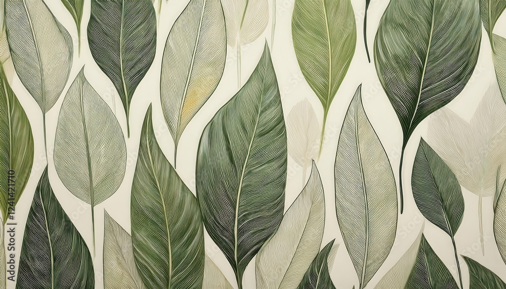 Fototapeta premium detailed graphic illustration of green leaves with intricate line work on light background, perfect for nature inspired decor