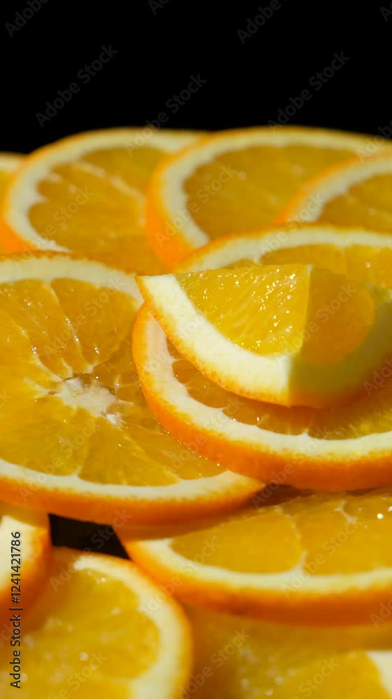 Piece of fresh ripe orange fruit on black background close-up.