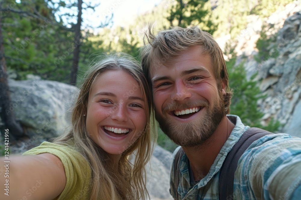 Happy couple enjoying nature during a sunny day in a scenic outdoor mountain landscape Happy couple enjoying nature during a sunny day in a scenic outdoor mountain landscape