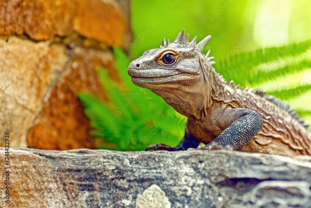 Fototapeta premium Tuatara basking on sunlit rock with ferns in the background during golden hour