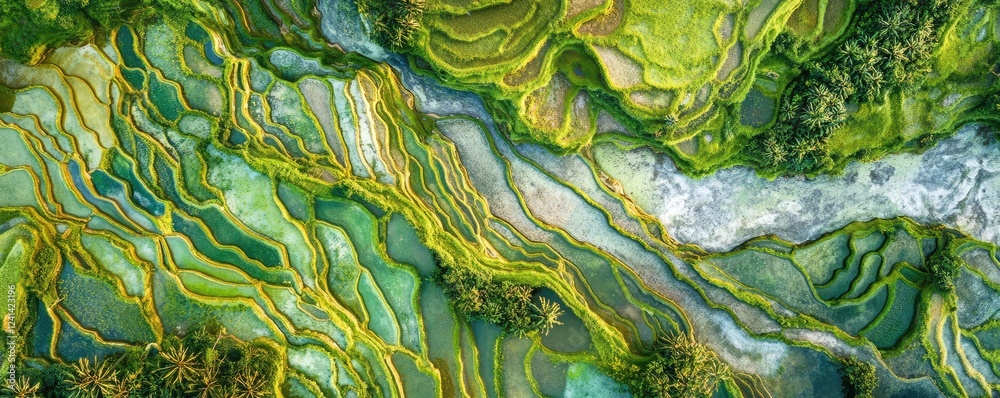 Obraz premium Aerial view of vibrant, terraced rice fields at sunset