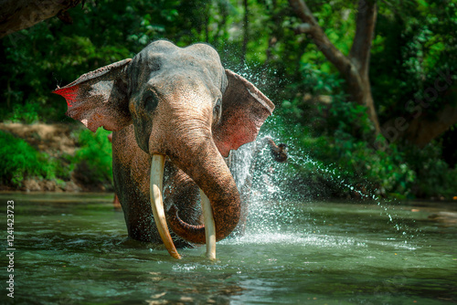 Canvas Print Majestic elephant bathing in a river, wildlife photography, nature, tusks, jungl