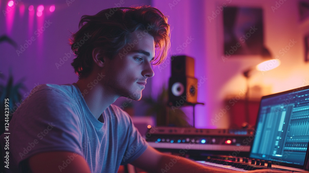 Young Man Creating Music in Neon Atmosphere with Computer Setup Young Man Creating Music in Neon Atmosphere with Computer Setup