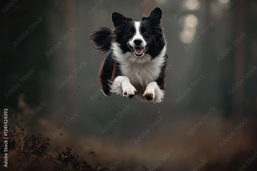 A dynamic shot of a dog leaping with joy outdoors