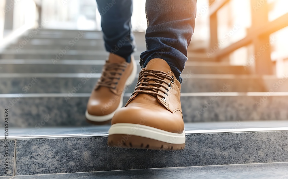 Young businessman walking up the stairs in a business center, close-up on shoes with sunlight and shadow Young businessman walking up the stairs in a business center, close-up on shoes with sunlight and shadow