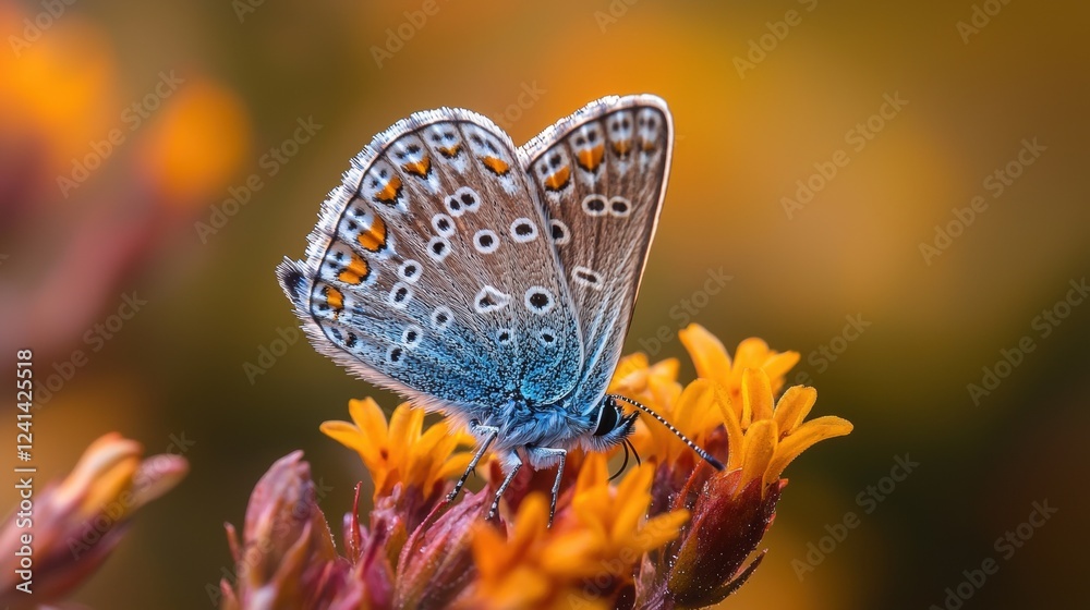 Naklejka premium Vibrant azure butterfly delicately perched on bright orange wildflowers in morning light