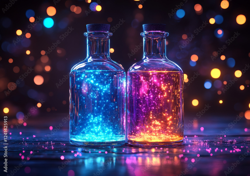 Glowing liquids in glass containers with vibrant colors